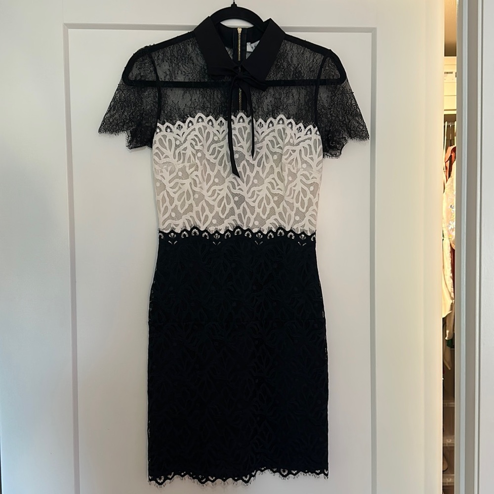 SANDRO SZ34 LACE DRESS ｜Tie Neck Lace Sheath Dress